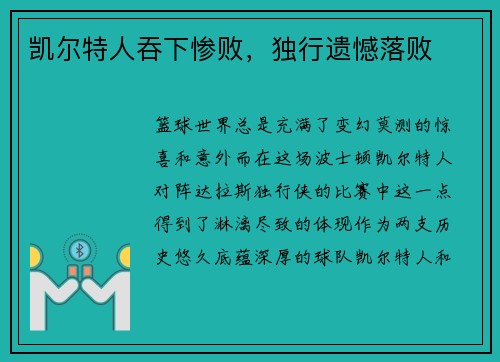 凯尔特人吞下惨败，独行遗憾落败