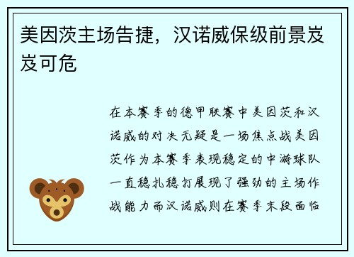 美因茨主场告捷，汉诺威保级前景岌岌可危
