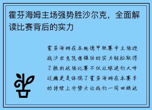 霍芬海姆主场强势胜沙尔克，全面解读比赛背后的实力